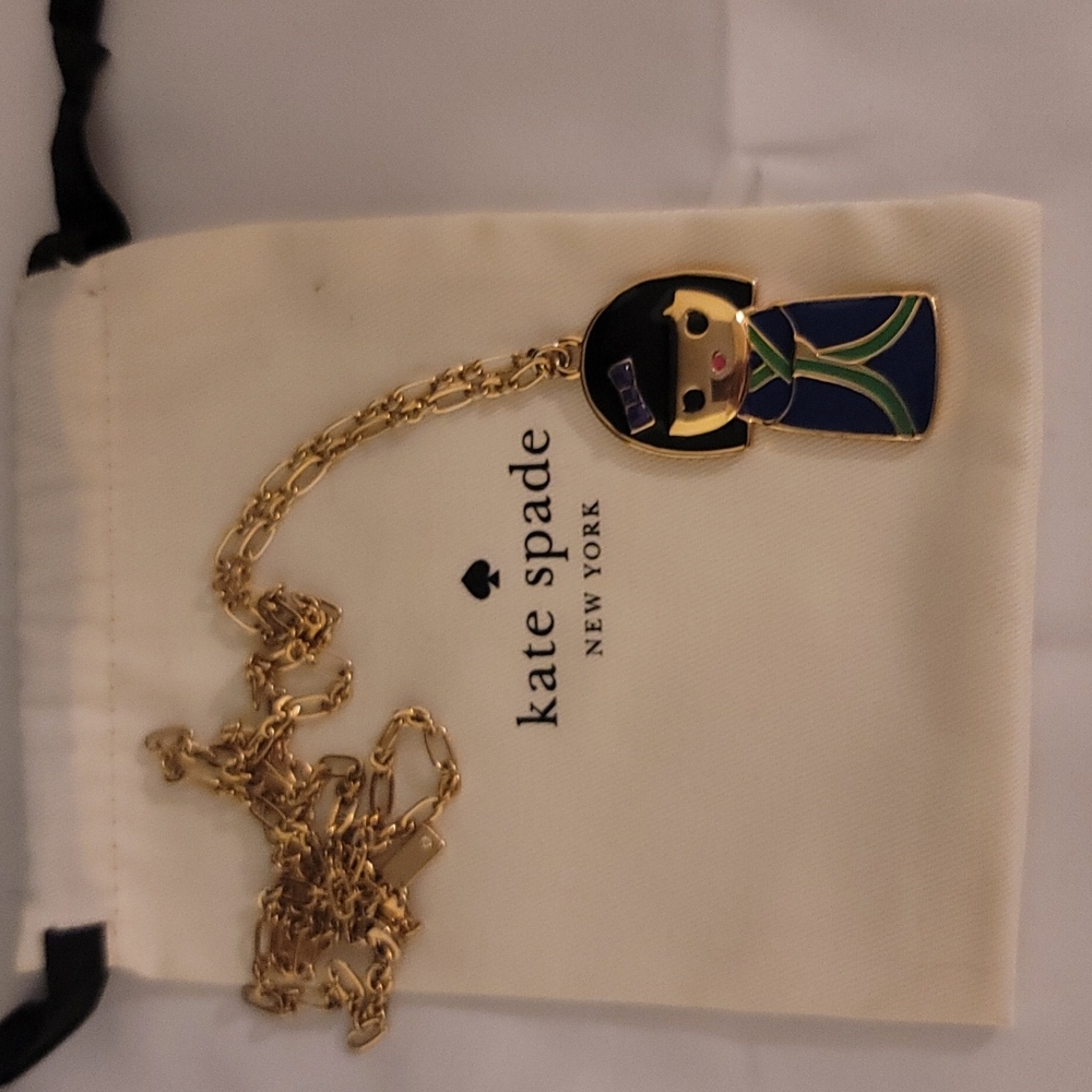 KATE SPADE ASIAN DOLL KANPAI BLUE KIMONO GIRL GOLD TONE NECKLACE